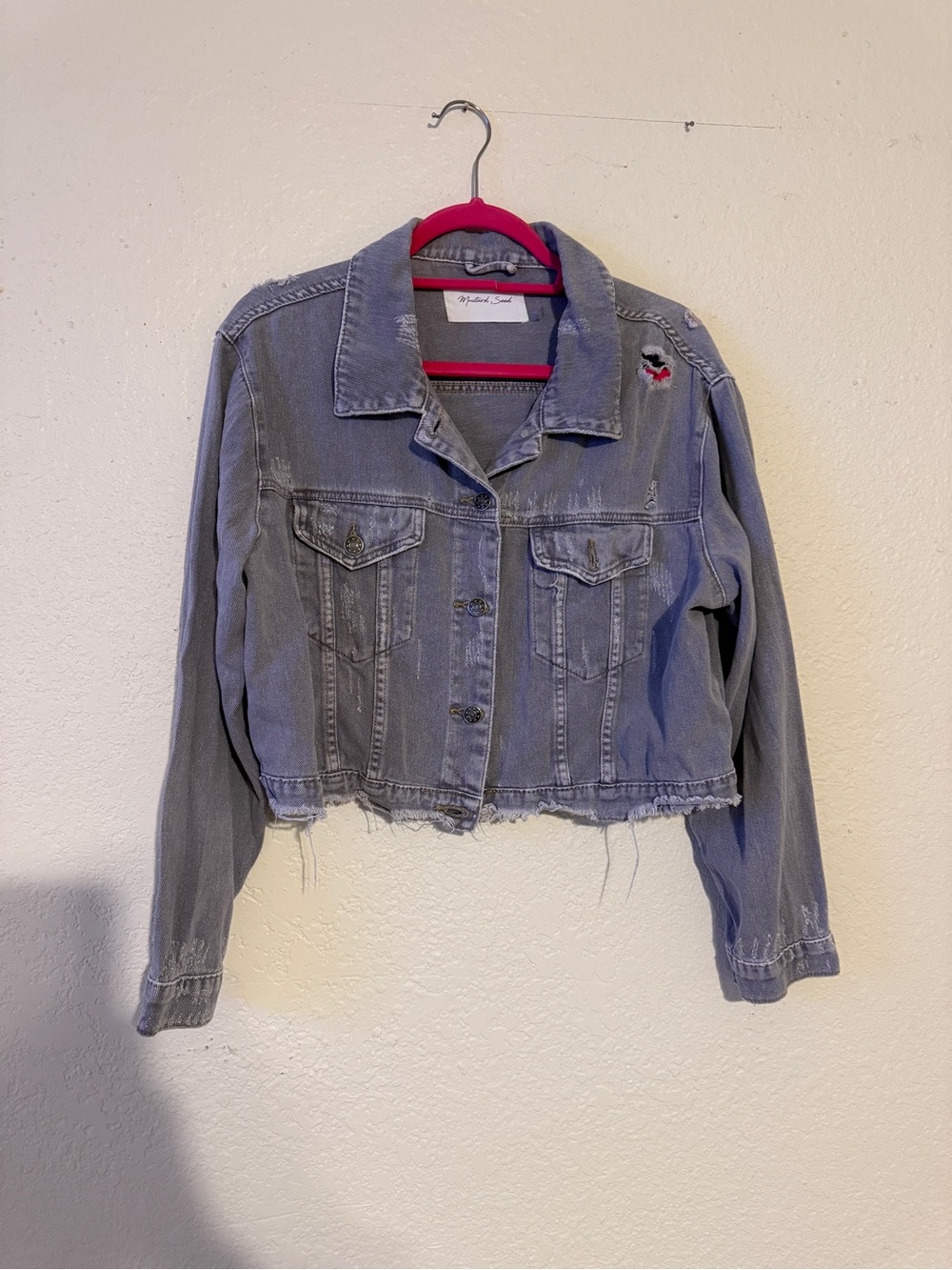 Mustard Seed Cropped Distressed Grey Denim Jacket